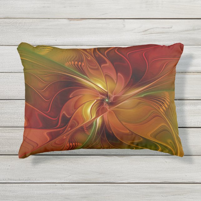 Abstract Red Orange Brown Green Fractal Art Flower Outdoor Pillow (Front)