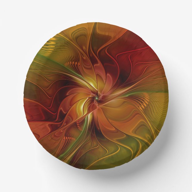 Abstract Red Orange Brown Green Fractal Art Flower Paper Bowls (Front)