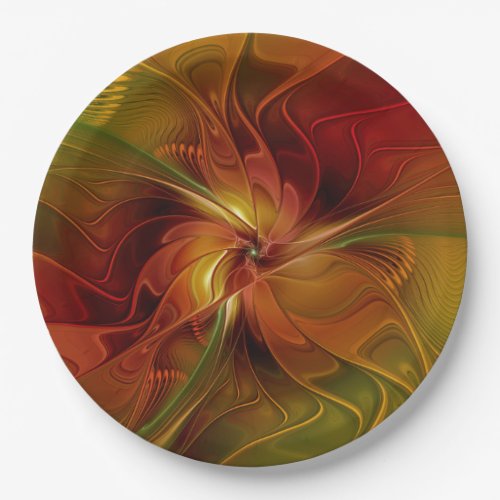 Abstract Red Orange Brown Green Fractal Art Flower Paper Plates