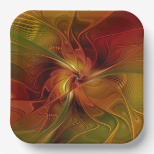 Abstract Red Orange Brown Green Fractal Art Flower Paper Plates