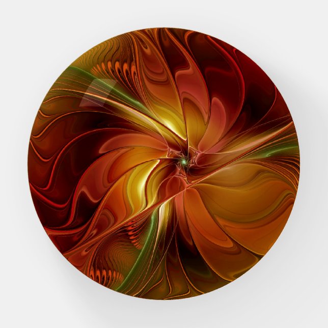 Abstract Red Orange Brown Green Fractal Art Flower Paperweight (Front)