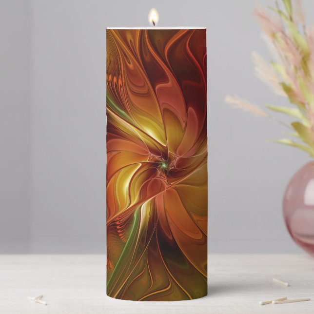 Abstract Red Orange Brown Green Fractal Art Flower Pillar Candle (In Situ)
