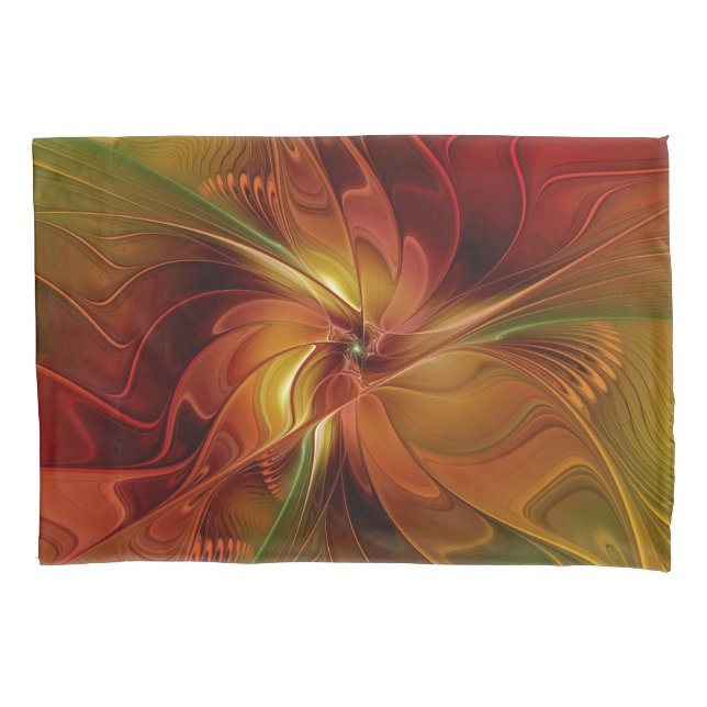 Abstract Red Orange Brown Green Fractal Art Flower Pillow Case (Front)