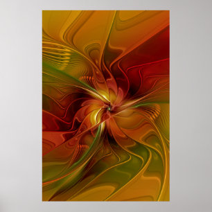 Abstract Red Orange Brown Green Fractal Art Flower Poster