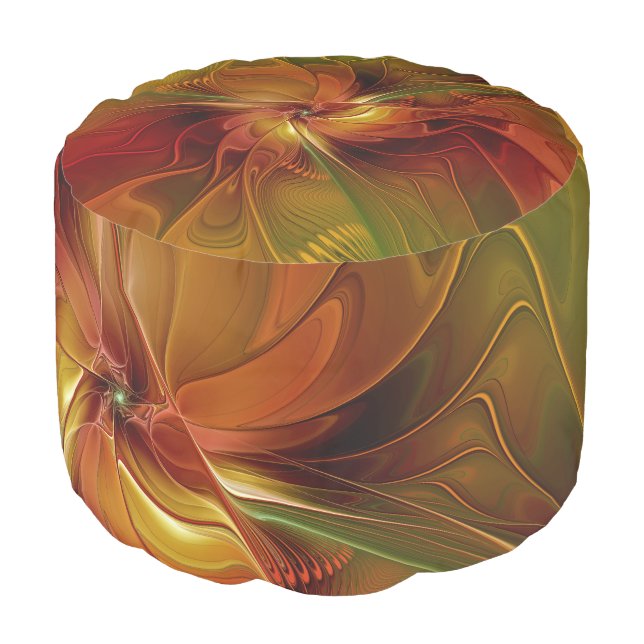 Abstract Red Orange Brown Green Fractal Art Flower Pouf (Angled Front)
