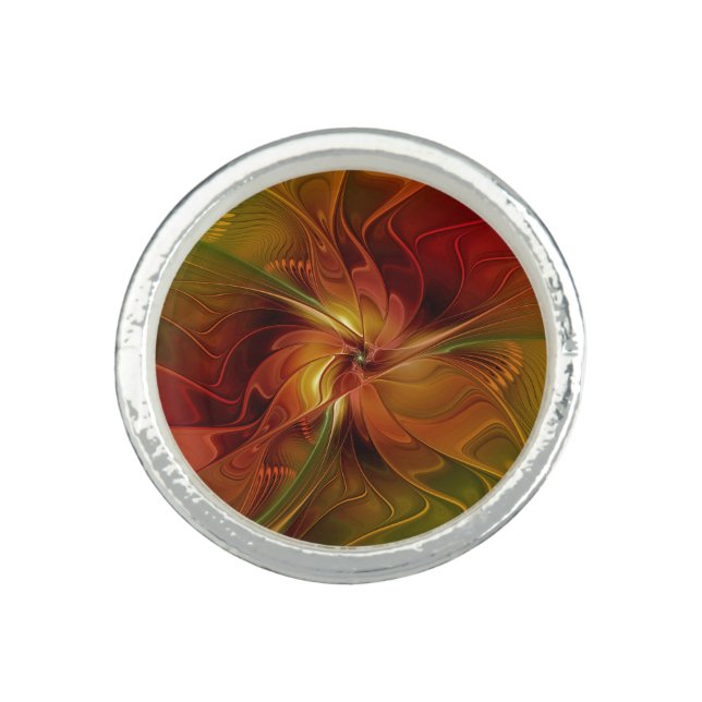 Abstract Red Orange Brown Green Fractal Art Flower Ring (Front)