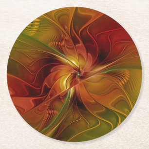 Abstract Red Orange Brown Green Fractal Art Flower Round Paper Coaster