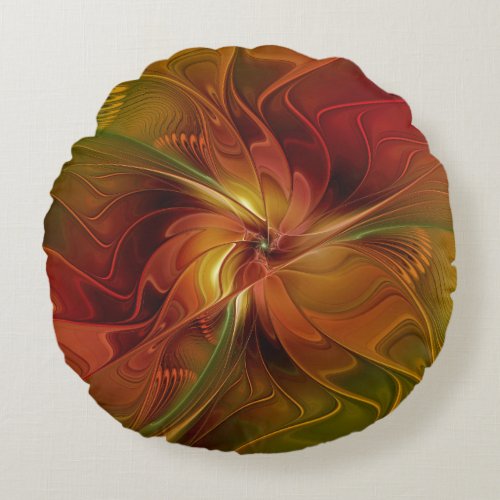 Abstract Red Orange Brown Green Fractal Art Flower Round Pillow