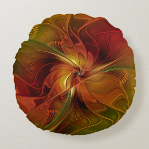 Abstract Red Orange Brown Green Fractal Art Flower Round Pillow