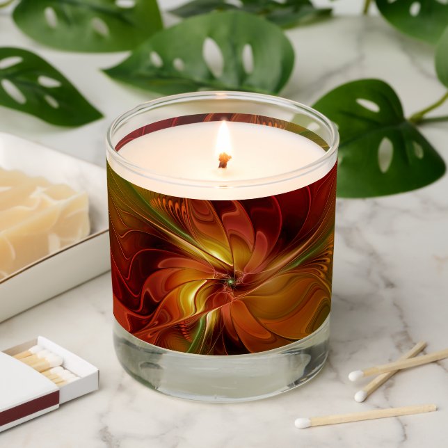 Abstract Red Orange Brown Green Fractal Art Flower Scented Candle (Lit)