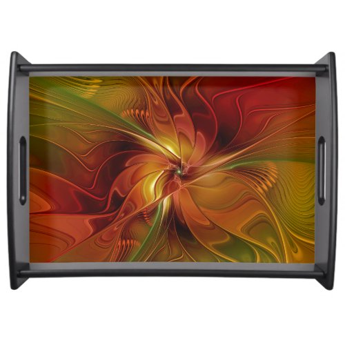 Abstract Red Orange Brown Green Fractal Art Flower Serving Tray