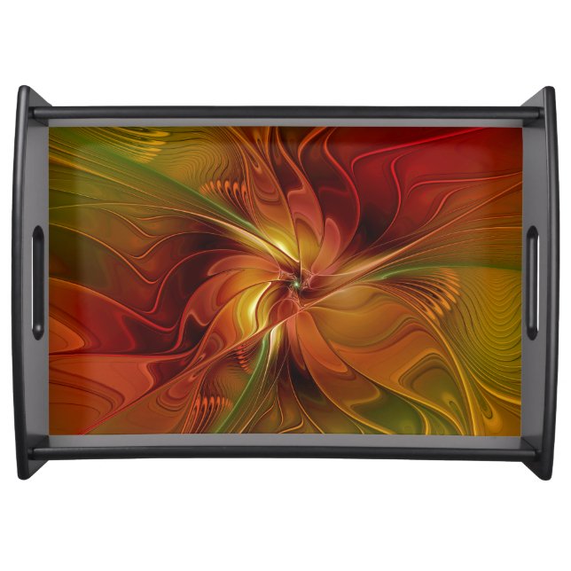 Abstract Red Orange Brown Green Fractal Art Flower Serving Tray (Front)