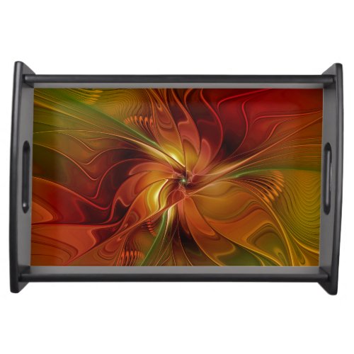 Abstract Red Orange Brown Green Fractal Art Flower Serving Tray