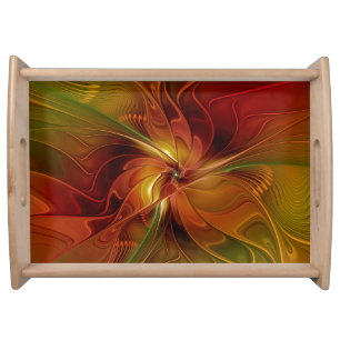 Abstract Red Orange Brown Green Fractal Art Flower Serving Tray