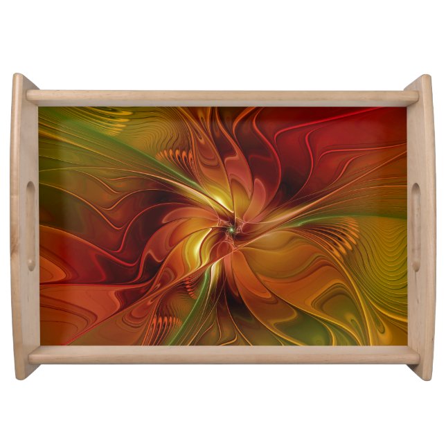 Abstract Red Orange Brown Green Fractal Art Flower Serving Tray (Front)