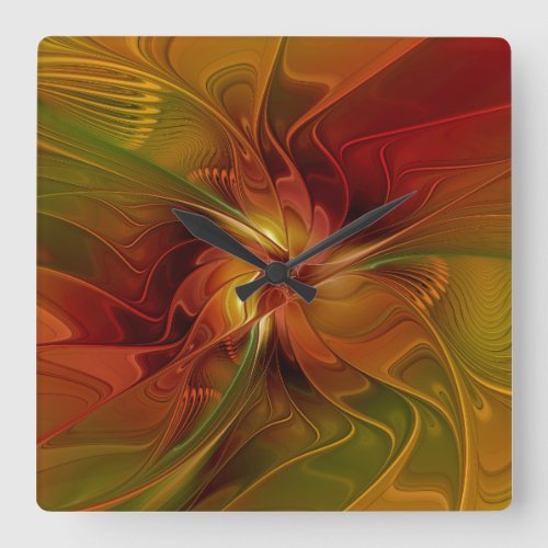 Abstract Red Orange Brown Green Fractal Art Flower Square Wall Clock