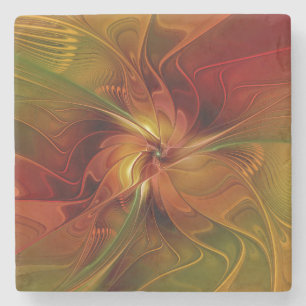 Abstract Red Orange Brown Green Fractal Art Flower Stone Coaster