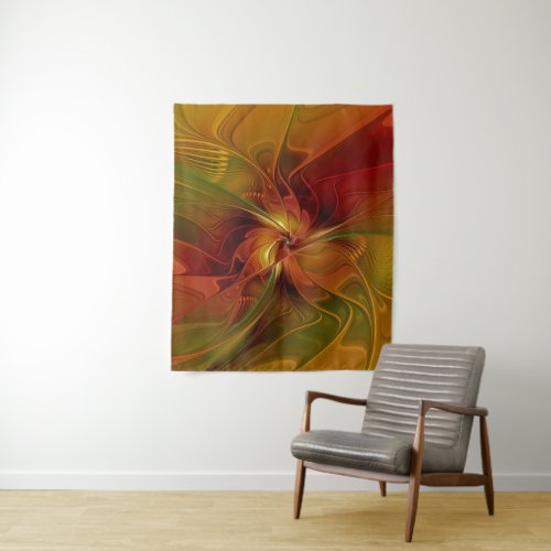 Abstract Red Orange Brown Green Fractal Art Flower Tapestry