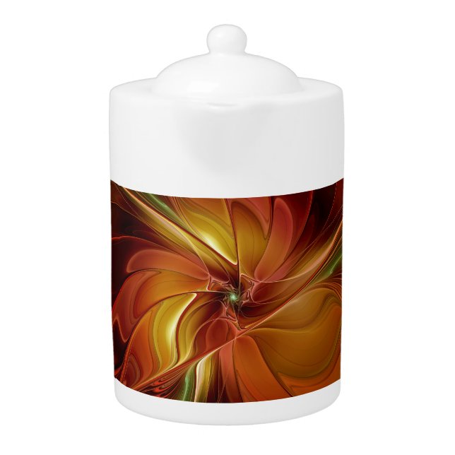 Abstract Red Orange Brown Green Fractal Art Flower Teapot (Front)