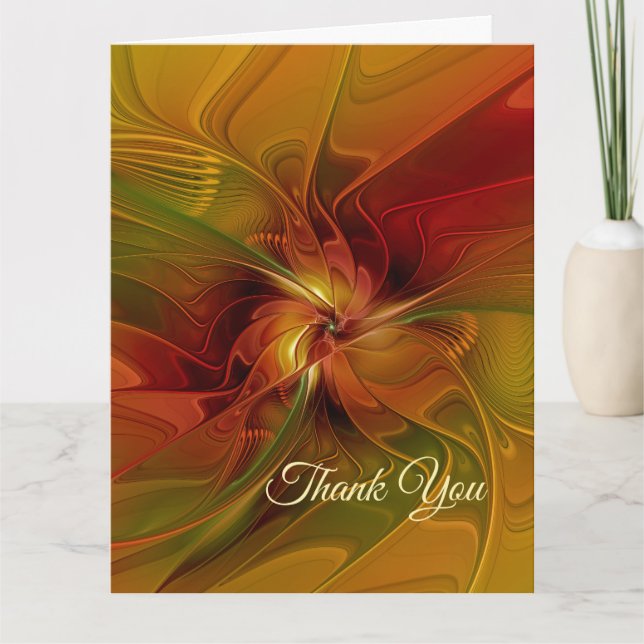 Abstract Red Orange Brown Green Fractal Art Flower Thank You Card (Front)