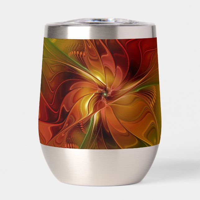 Abstract Red Orange Brown Green Fractal Art Flower Thermal Wine Tumbler (Front)