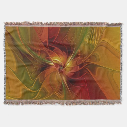 Abstract Red Orange Brown Green Fractal Art Flower Throw Blanket