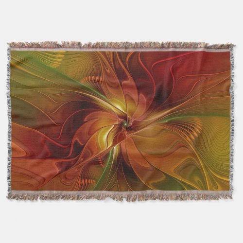 Abstract Red Orange Brown Green Fractal Art Flower Throw Blanket