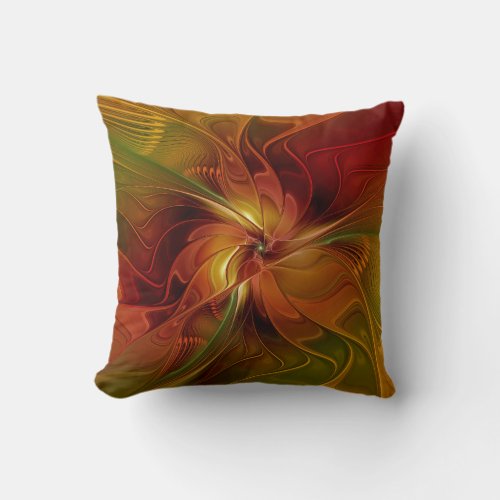 Abstract Red Orange Brown Green Fractal Art Flower Throw Pillow