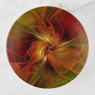 Abstract Red Orange Brown Green Fractal Art Flower Trinket Tray