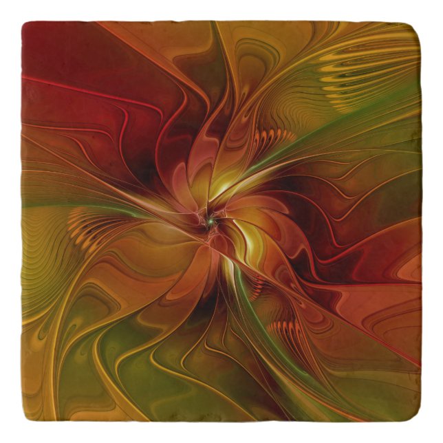 Abstract Red Orange Brown Green Fractal Art Flower Trivet (Front)