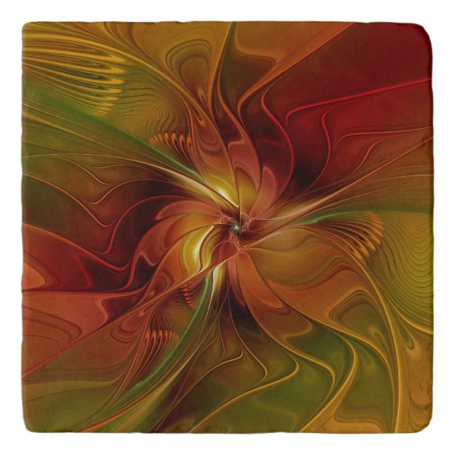 Abstract Red Orange Brown Green Fractal Art Flower Trivet (Front)