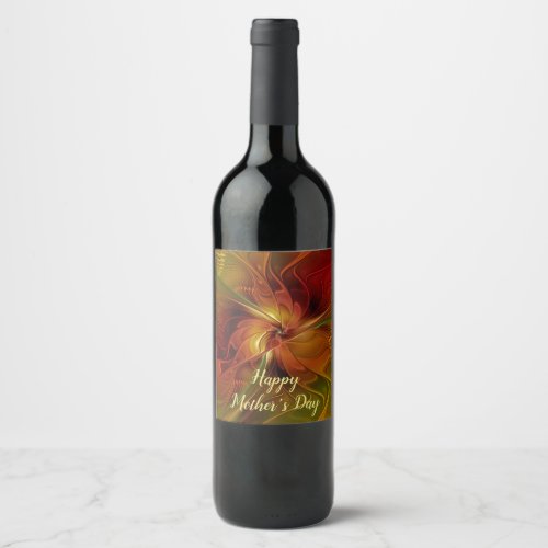 Abstract Red Orange Brown Green Fractal Art Flower Wine Label