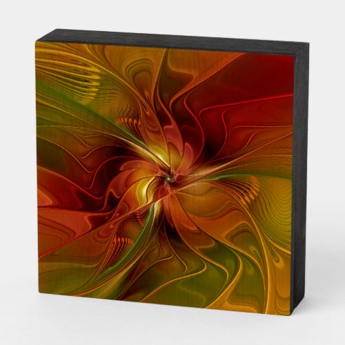 Abstract Red Orange Brown Green Fractal Art Flower Wooden Box Sign