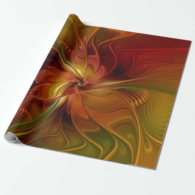 Abstract Red Orange Brown Green Fractal Art Flower Wrapping Paper (Unrolled)