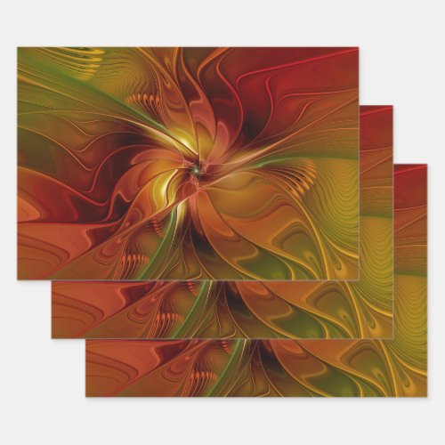 Abstract Red Orange Brown Green Fractal Art Flower Wrapping Paper Sheets
