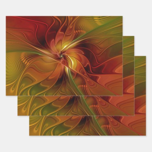 Abstract Red Orange Brown Green Fractal Art Flower Wrapping Paper Sheets