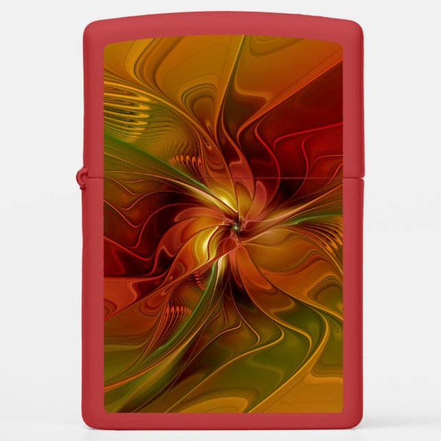 Abstract Red Orange Brown Green Fractal Art Flower Zippo Lighter (Front)