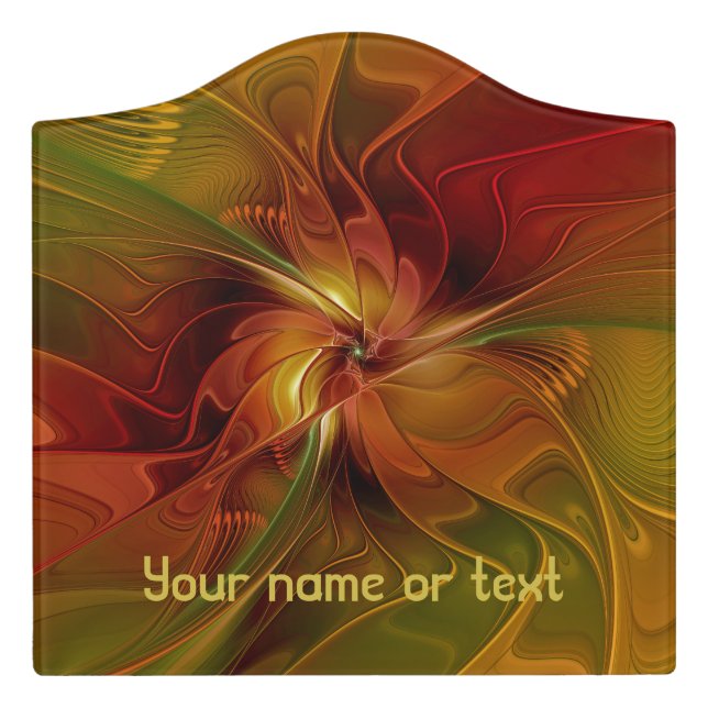 Abstract Red Orange Fractal Flower Personalized Door Sign (Large Crest Front)