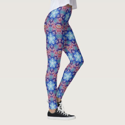 ABSTRACT RED PINK BLUE STARS  Fractal Geometric Leggings
