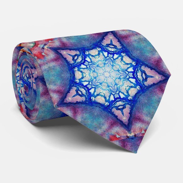 ABSTRACT RED PINK BLUE STARS  Fractal Geometric Neck Tie (Rolled)