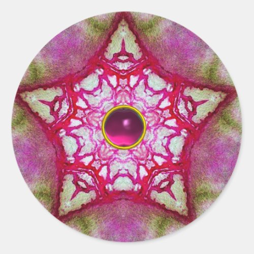 ABSTRACT RED PINK STAR WITH FUCHSIA AMETHYST GEM CLASSIC ROUND STICKER