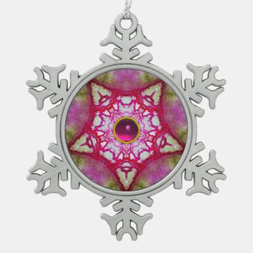 ABSTRACT RED PINK STAR WITH FUCHSIA AMETHYST GEM SNOWFLAKE PEWTER CHRISTMAS ORNAMENT