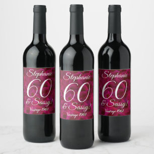 Abstract Red Rose 60 and Sassy Birthday Wine Label