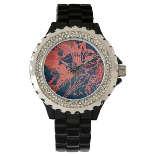 Abstract Red Rose Art Monogram Watch