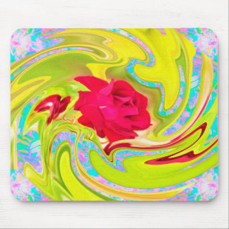 Abstract Red Rose on Yellow and Aqua Swirl Mouse Pad