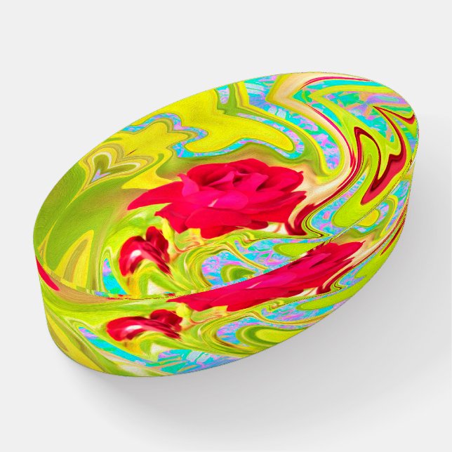 Abstract Red Rose on Yellow and Aqua Swirl Paperweight (Angled)