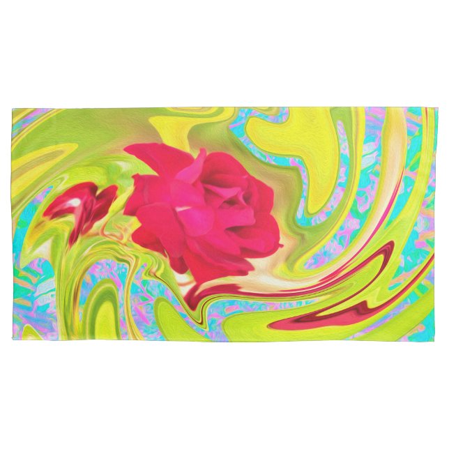 Abstract Red Rose on Yellow and Aqua Swirl Pillow Case (Front-Left)