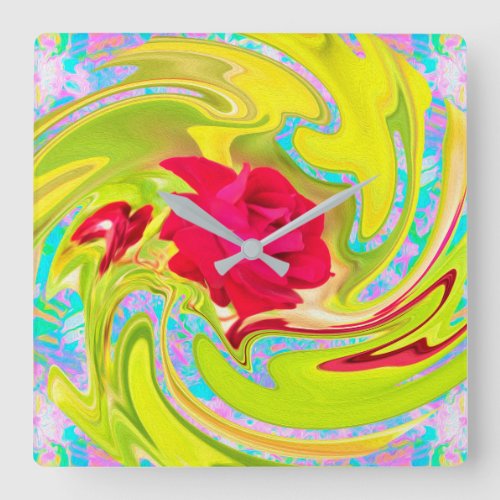 Abstract Red Rose on Yellow and Aqua Swirl Square Wall Clock