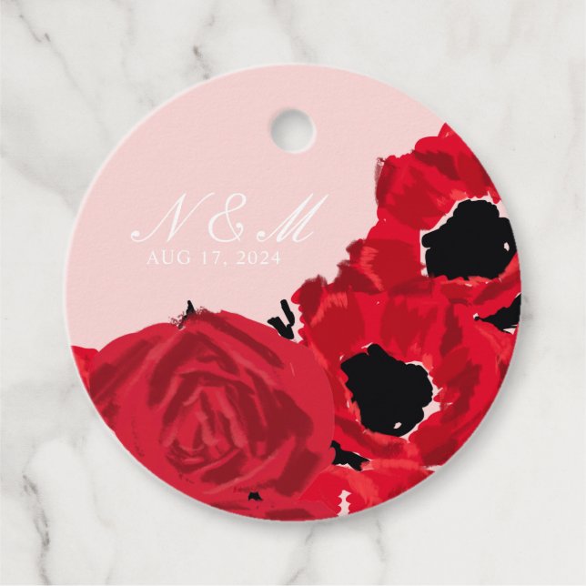Abstract Red Roses and Poppies Wedding Favor Tags (Front)