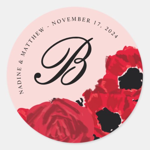 Abstract Red Roses and Poppies Wedding Initial Classic Round Sticker